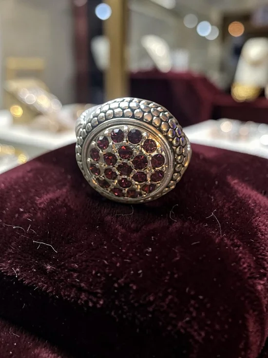 New Silver Tone Red Purple Crystal Dot Textured Statement Ring US Sz 4.5
