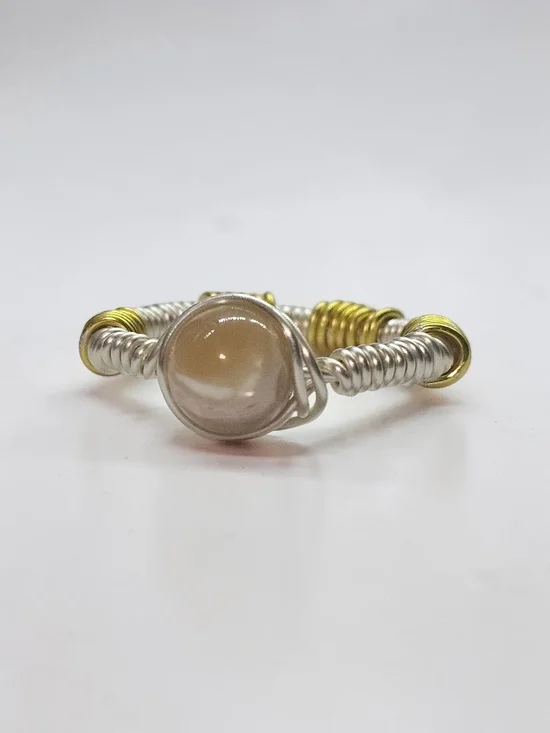 Handcrafted Two-Tone Wire Wrapped Beige Stone Ring