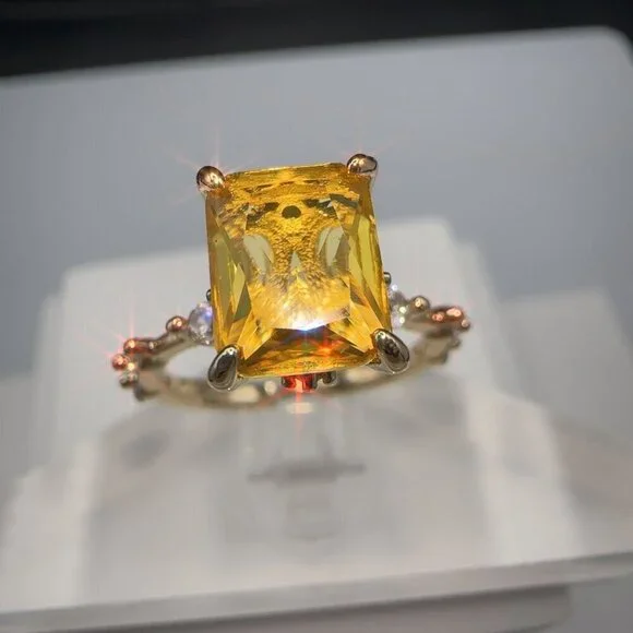 Crystal Gemstone Ring Yellow Radiant Cut Gold Plated Size 7