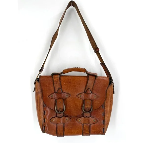 Handmade Leather Satchel Bag Unisex Medium Brown Western Boho Artisan Messenger‎