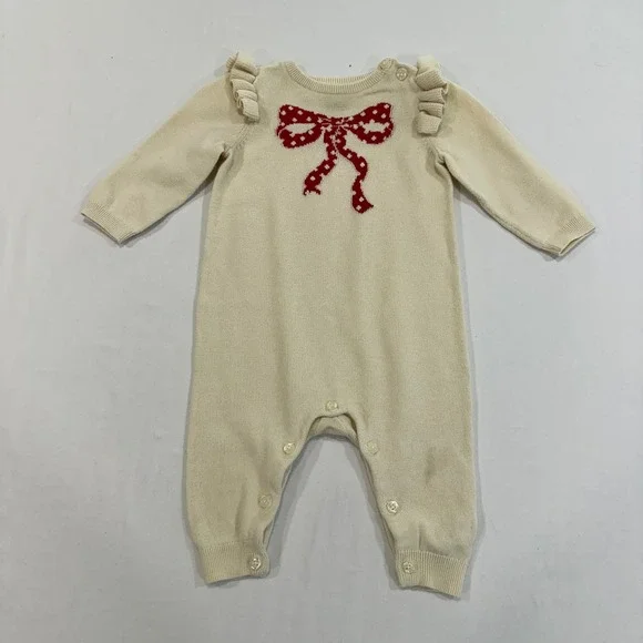 Baby Gap Knit Bow Romper Baby Girl 3-6M Cream Ruffle Shoulder | Coquette