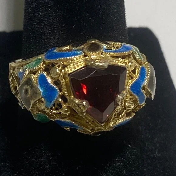 Barbara Garwood Garnet Ring Collectable Mongolian Art 14K over Silver