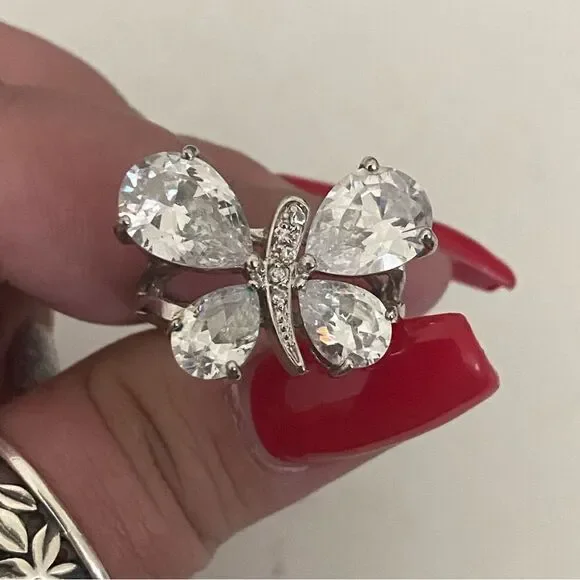 Silver Tone Crystal Butterfly Ring