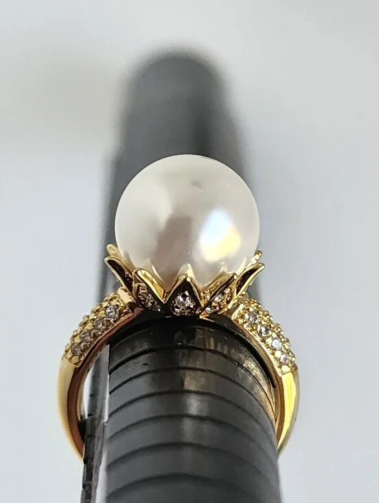 Gold Tone Pearl Statement Ring CZ Crown Setting Size 7 1/2