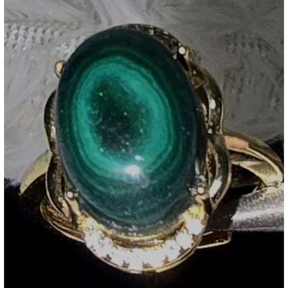 New Malachite Cabochon White‎ Rhinestone Statement Ring Sz Adjustable