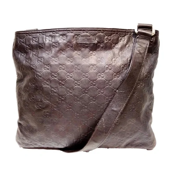 GUCCI GG Brown Embossed Leather Crossbody Messenger Bag