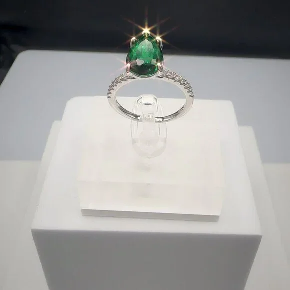Sterling Silver Ring With Pear-Cut Green Gemstone & Pave Accent Stones