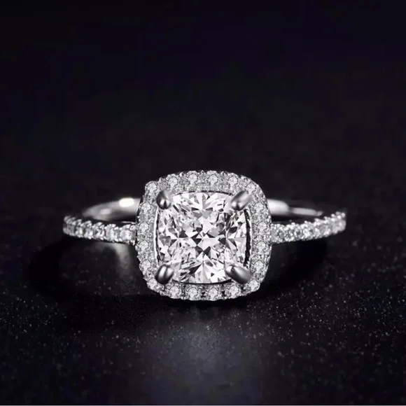 White Gold Plated Silver Pave Princess Cubic Zirconia Engagement