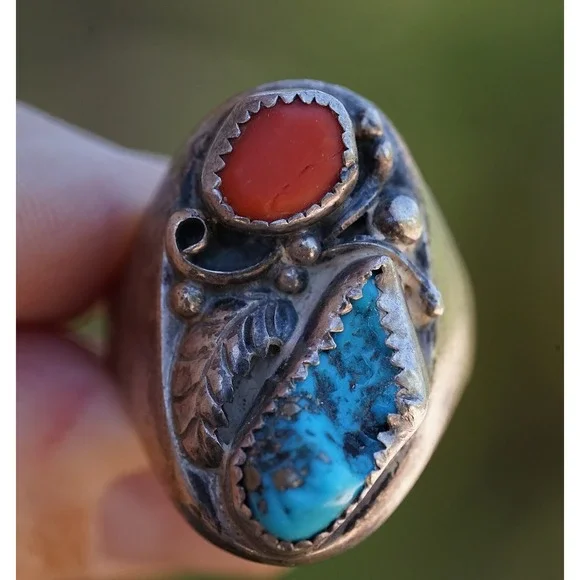 Old Pawn‎ Navajo Native American Indian Sterling Silver Coral Turqiouse Ring
