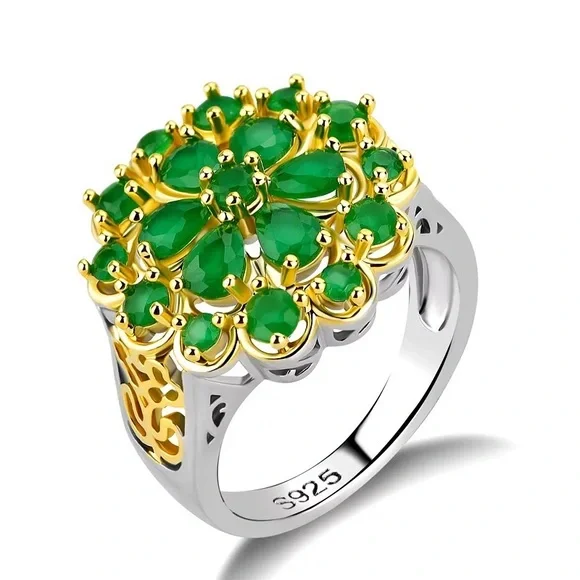 New Women’s Two Tone 925 Silver Emerald Ring