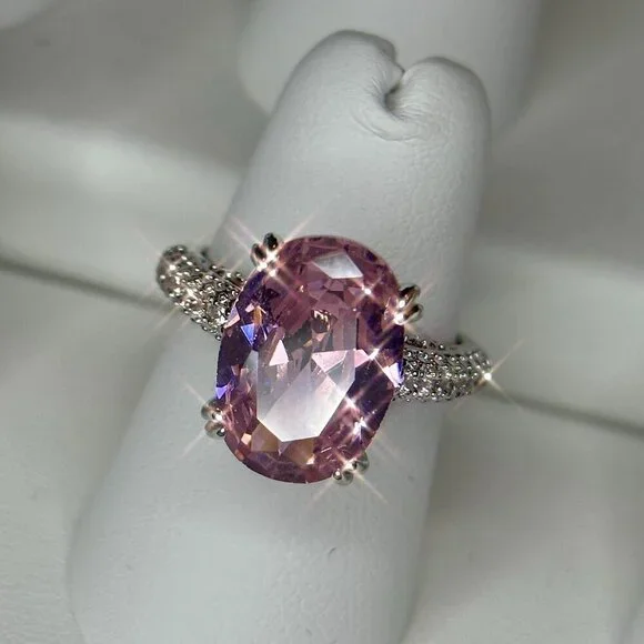 Pink Solitaire Gemstone Ring w/ Clear Accents Silver Plated Engagement size 7
