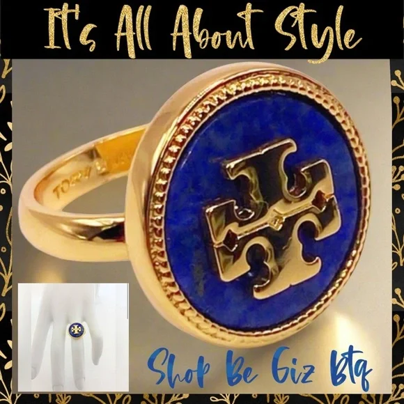 🆕 Tory Burch Authentic Gold And Blue Lapis Lazuli Round With Logo Ring Size 7