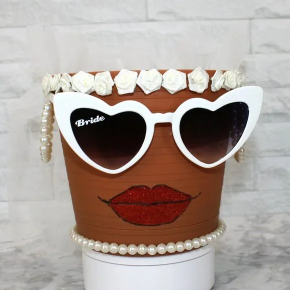 HAND CRAFTED Pot Head Bride Planter Centerpiece Upcycled Bridal Wedding White