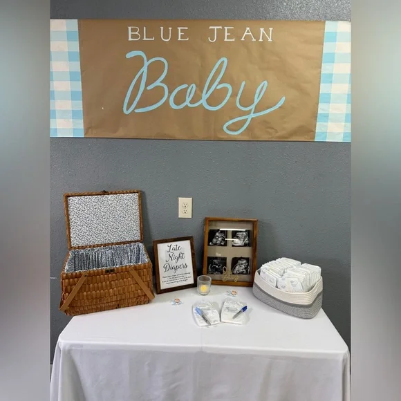 Blue Jean Baby Gingham Hand Painted Blue and White Baby Shower Banner/Sign