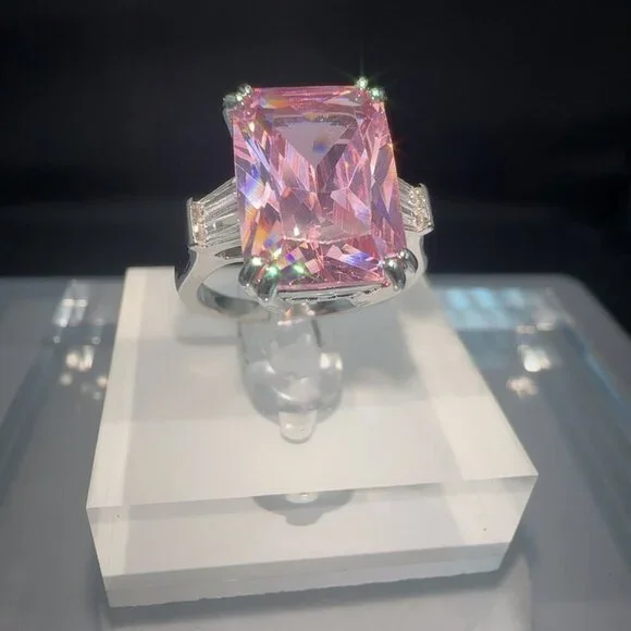 Pink Cubic Zirconia Silver Emerald Cut Ring
