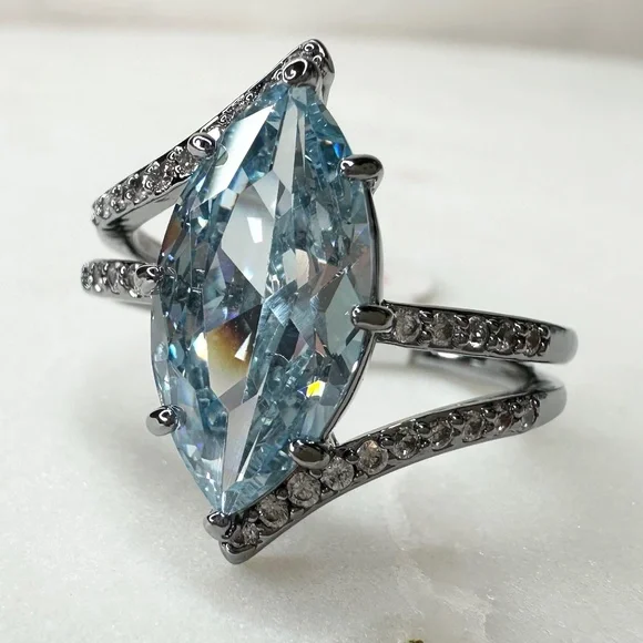 Bomb Party Delightfully In Love March Aquamarine Hematite Ring RG41451 NWT Sz 10