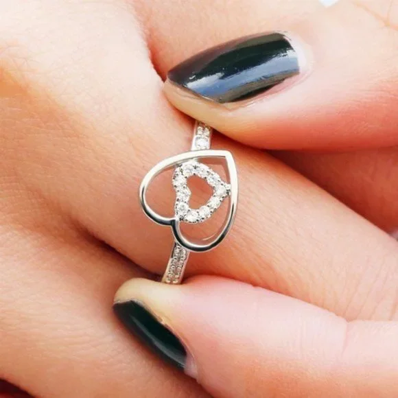 Lovely 925 Silver Sim. Diamond 2 Hearts Ring