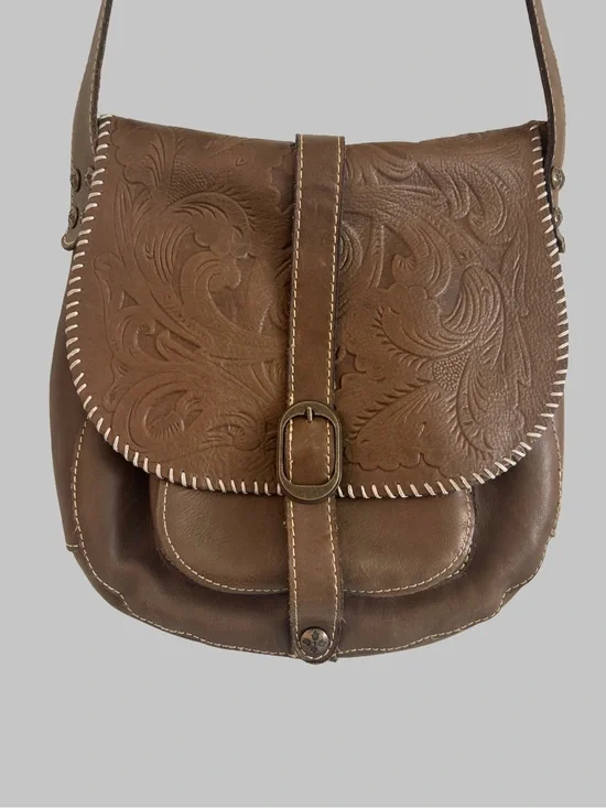 Patricia Nash Brown Barcelona Tooled Leather Saddle Bag Crossbody