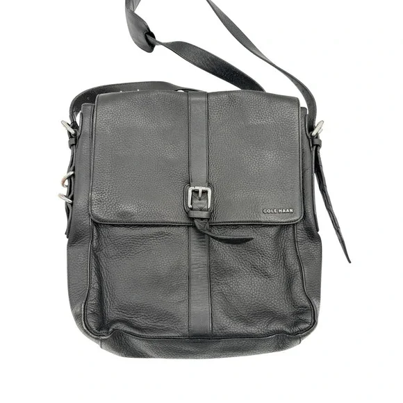 Cole Haan Messenger Bag Mens Large Black‎ Leather Crossbody Adjustable Strap