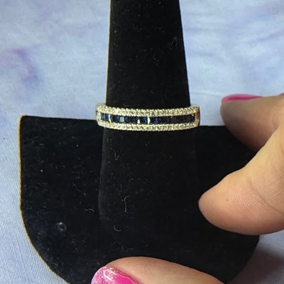 Gold Band Ring with Blue Stones and Pavé Accents 925 Silver