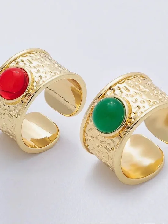 16K Gold Filled Red, Green Cabochon Gemstone Hammered Wide Band Ring