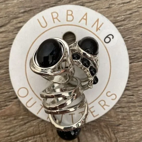 Urban Outfitters Set of Various Silver Tone Boho Stacking Rings w Black Stones