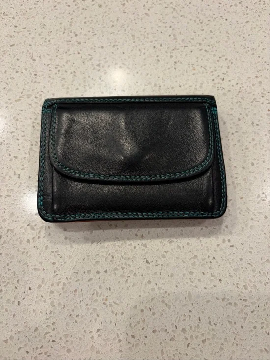 Mywalit Black Leather Wallet with Teal Topstitching