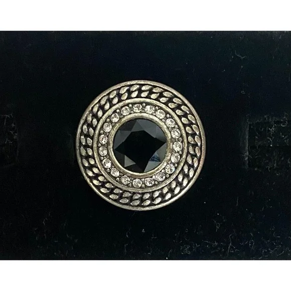 Lia Sophia Kiam Family Womens Black Crystal Enamel Silver Tone Ring Size 6