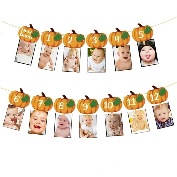 Pumpkin Themed 1st Birthday Milestone Photo Banner - NB-12M
