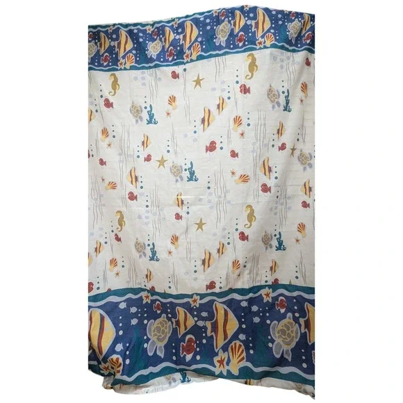 Vintage 80s 90s Shower Curtain Blue White Fish Sea Turtle Seahorse Ocean Theme