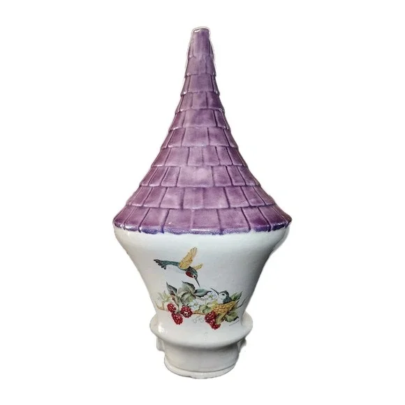 Vintage‎ Ceramic Garden Bird Feeder Whimsical Cottage Purple Turret Roof Rare