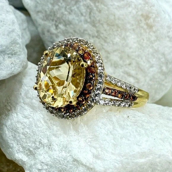 NWT Brazilian Sunfire Beryl 3.30ctw Ring Vermeil Gold & Zircon Double Halo