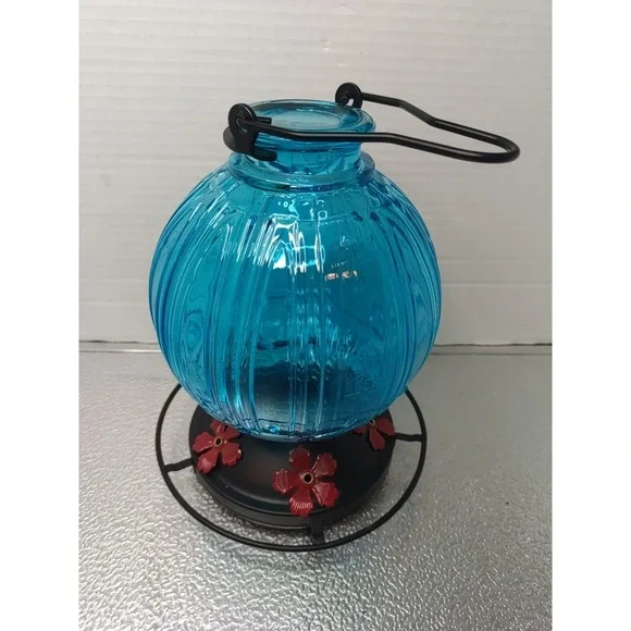 Glass Blue Metal Petal Base Garden‎ Yard Hummingbird Outdoor Feeder