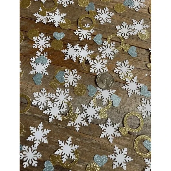 900pc Snow In Love Bridal Shower Confetti Winter Snowflake Diamond Ring Gold Blu