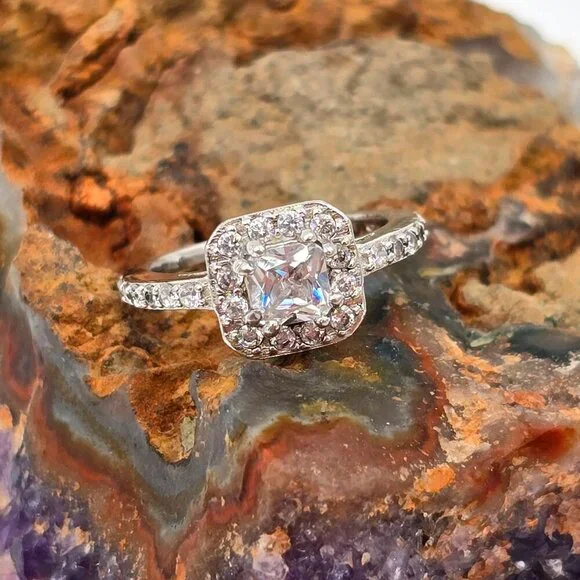 Sterling Silver 925 Halo Engagement Ring Size 3.75 Cushion Cut Cubic Zirconia