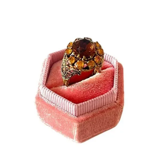 Vintage West Germany Amber Glass Brass Filigree Cocktail Ring