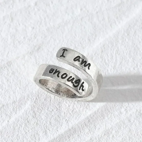I Am Enough Adjustable Inspirational Open Ring, Silver Affirmation Band