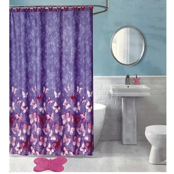 Matt & Maddie Butterfly Fabric Shower Curtain Floral 70 x 72 Inch Pink Purple