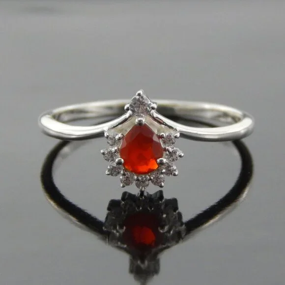 Genuine Mexican Fire Opal Pear Cut Ring in 925 Silver