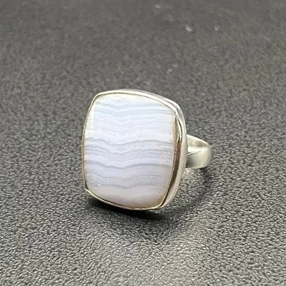 Sterling Silver Blue Lace Agate Ring • Size 7 Bezel-Set Cabochon