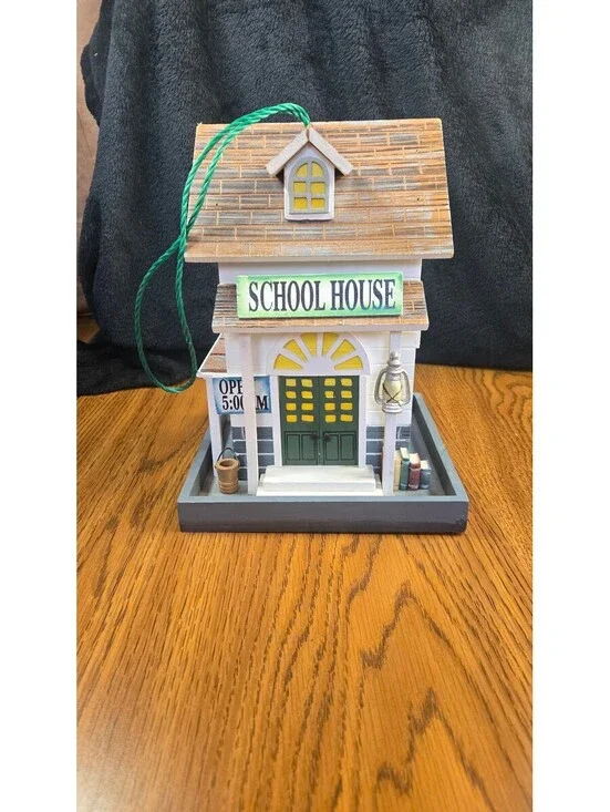 Handmade Wooden School House Birdhouse with Welcome Sign