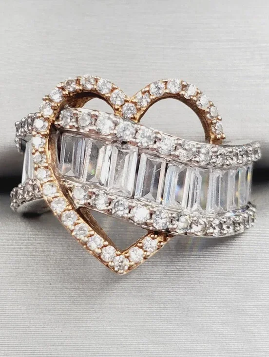 Round & Baguette Heart Wave 18k Rose Gold - 925 Silver Ring - Two Tone Band
