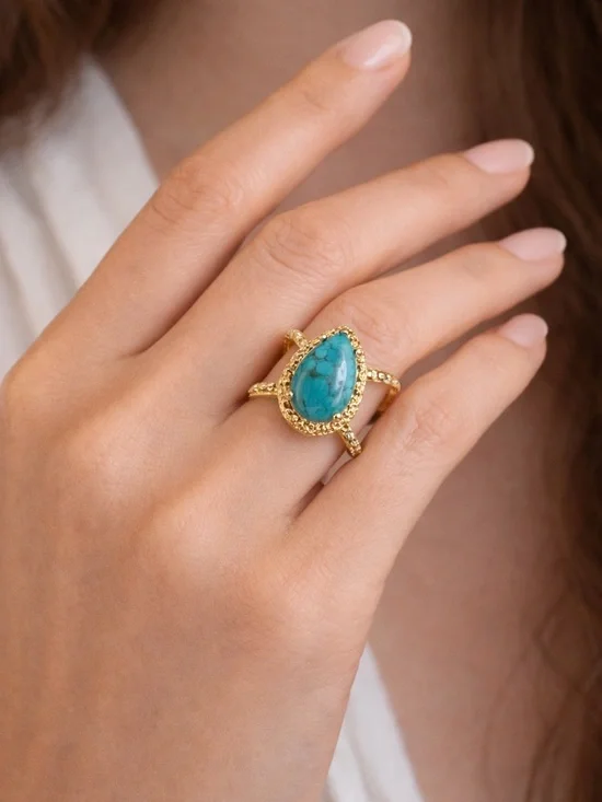 Gold‎ Tone Turquoise Pear Shaped Statement Ring Boho Western Style