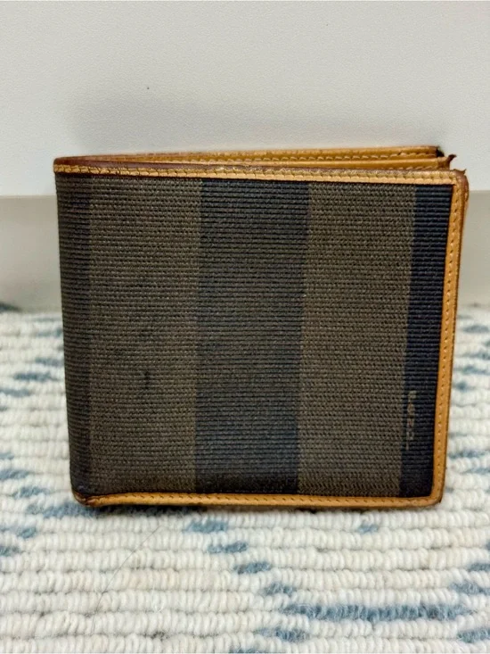 FENDI Vintage 80’s Unisex Classic Pequin Striped Canvas Brown Leather Bi Wallet