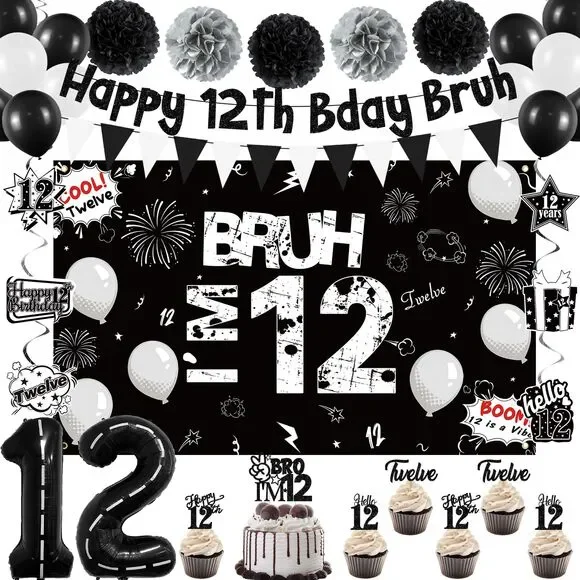 HAPPY 12TH BRUH - Birthday Party Decorations, Banner Balloons Cupcake Topper etc