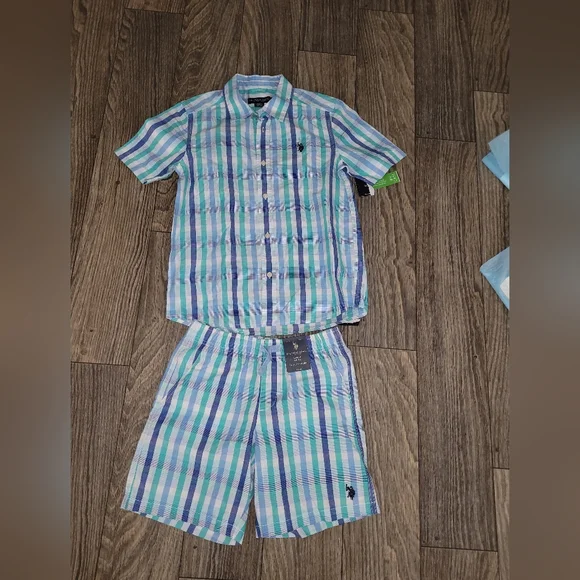 U.S. Polo Assn. Kids Plaid Pajama Set - Blue, Green, and White