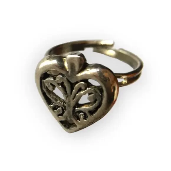 Scrollwork Heart silver tone ring, adjustable sizing