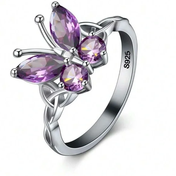 New Elegant Sterling Silver S925 Butterfly Ring with Purple Accents