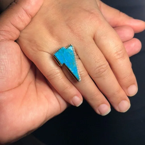 Turquoise Thunderbolt Ring Size 8 925 Sterling Silver Handmade Statement