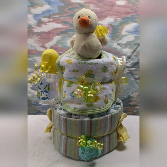 Neutral Two-tier Duck Diaper Cake, Baby Shower Gift, Centerpiece